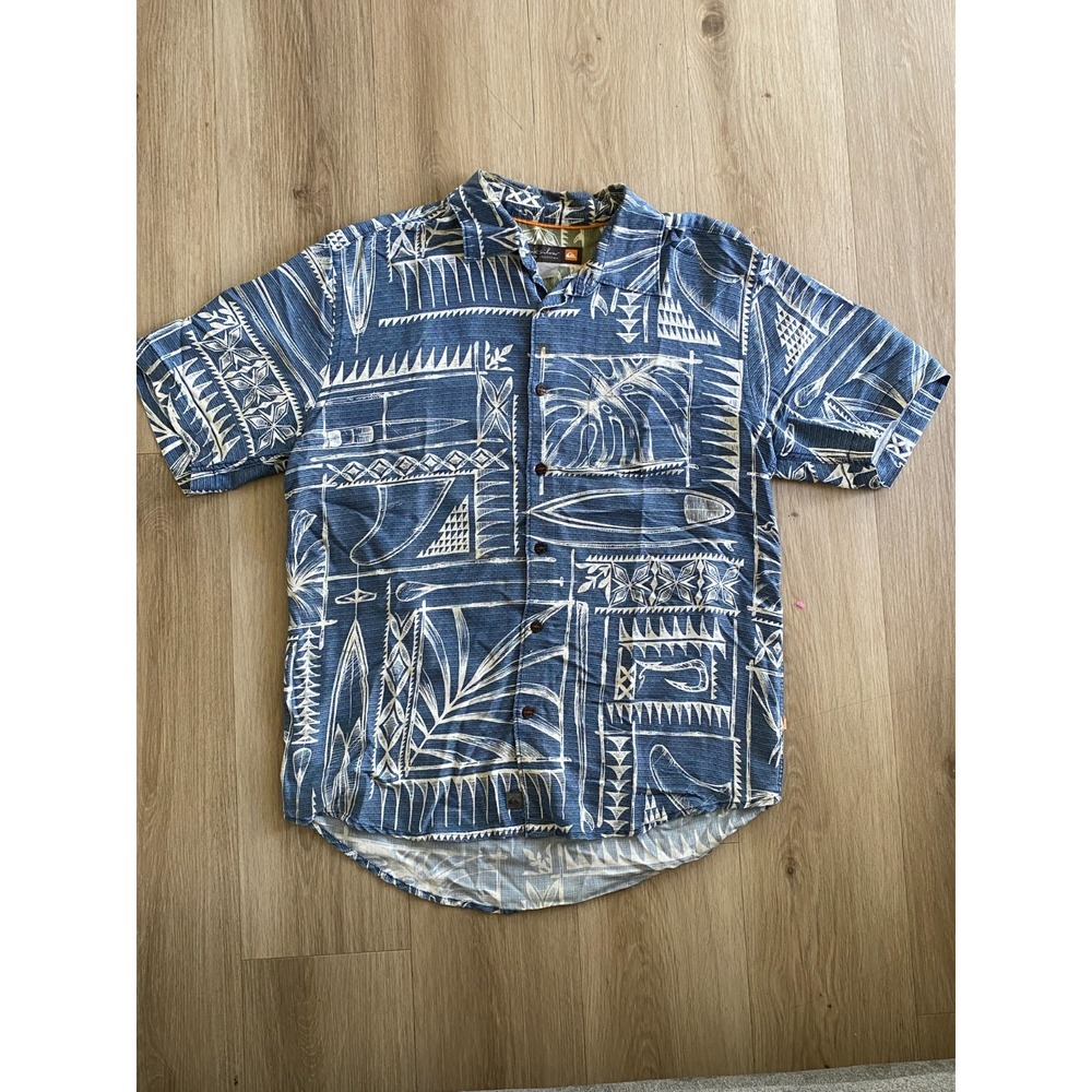 Quiksilver Waterman Men Large Blue Hawaiian Tropical Aloha Shirt Short Sleeve
